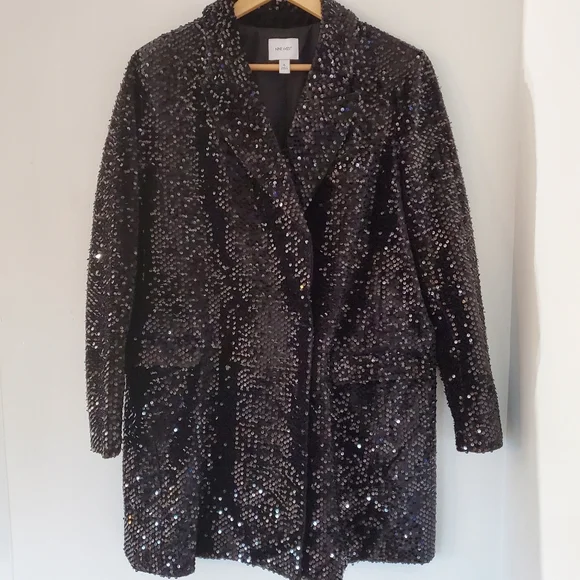 NINE WEST Sz XL Black Sequins Blazer 36" Mini Dress LS Collar Glitzy NYE EUC - Picture 3 of 16